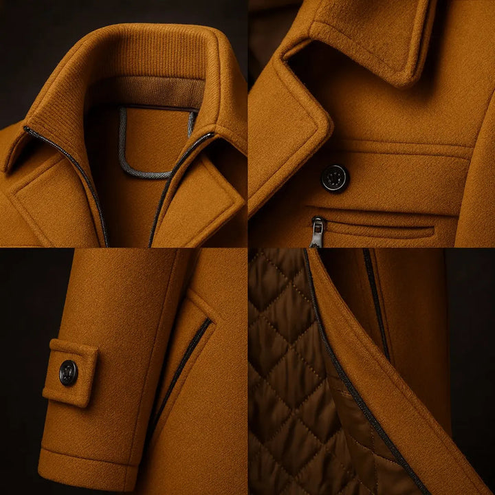Stylish men's quilted winter overcoat with a double collar. Smart single-breasted design for cold weather fashion & warmth.