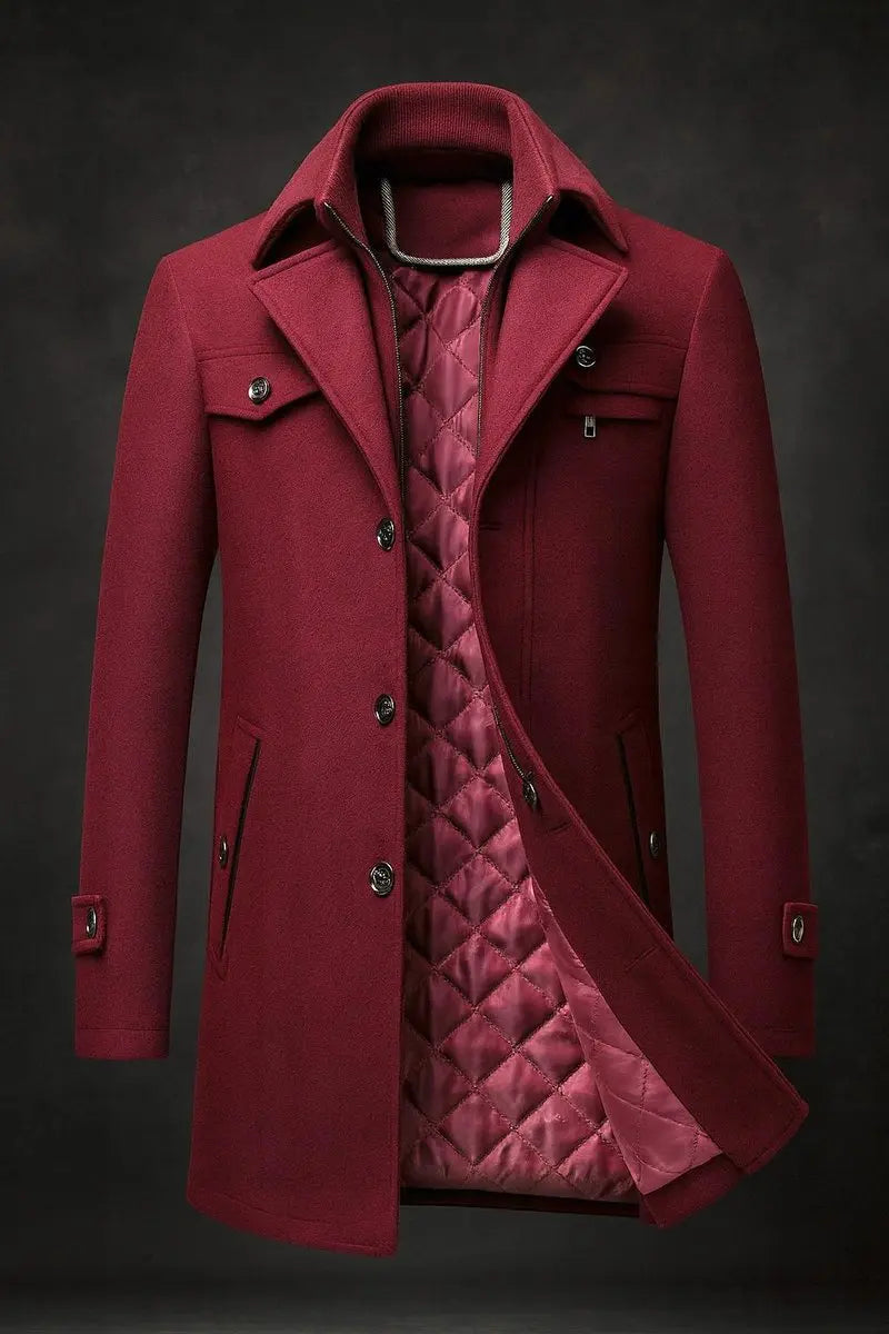 Warm men's tailored single-breasted overcoat. Features a double-collar & quilting, ideal for smart cold weather outerwear.