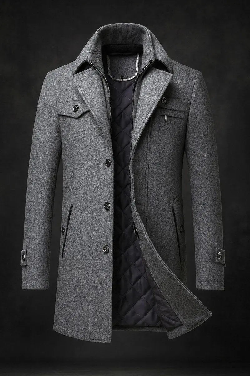 Men's tailored double-collar quilted overcoat. Single-breasted winter coat offering ultimate warmth and elegant outerwear.