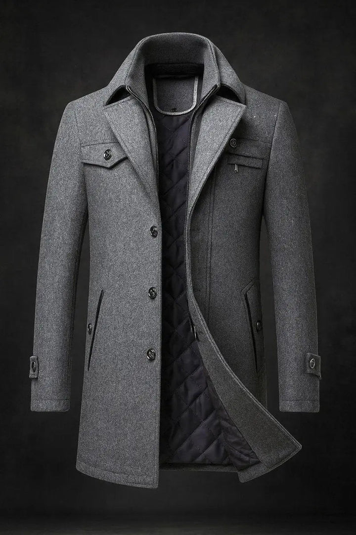 Men's tailored double-collar quilted overcoat. Single-breasted winter coat offering ultimate warmth and elegant outerwear.