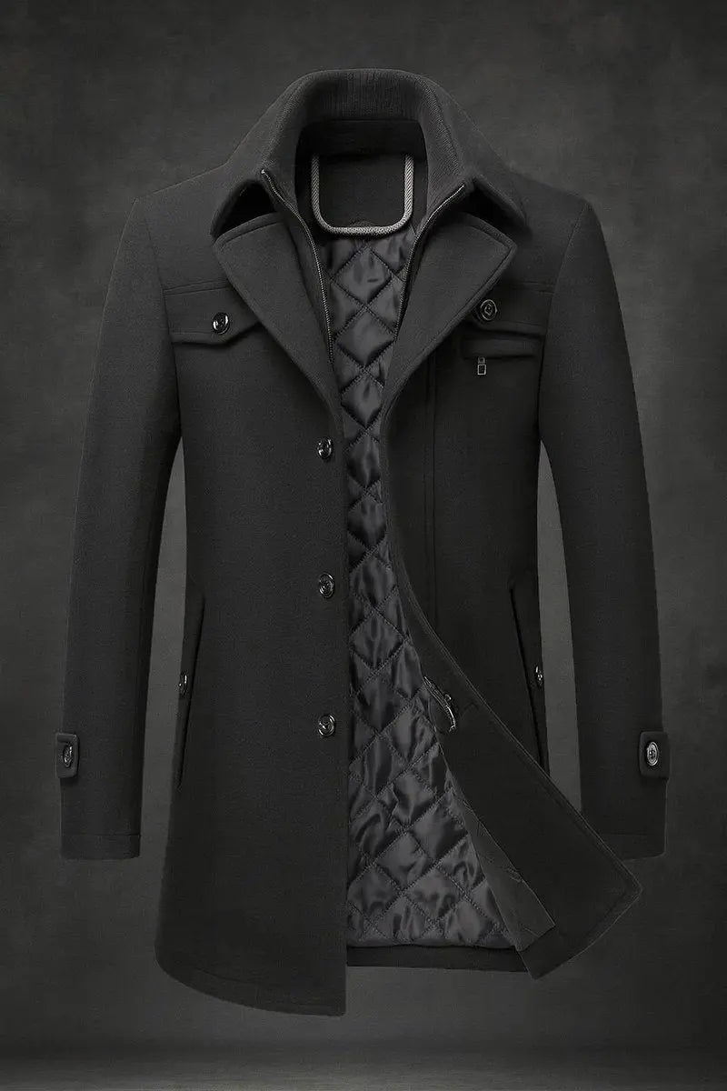Premium men's quilted double-collar overcoat. Single-breasted, tailored for ultimate winter warmth & stylish cold weather.