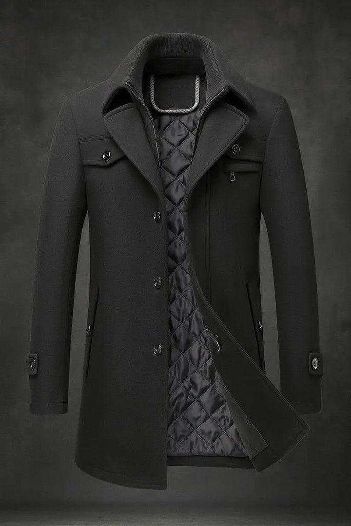 Premium men's quilted double-collar overcoat. Single-breasted, tailored for ultimate winter warmth & stylish cold weather.