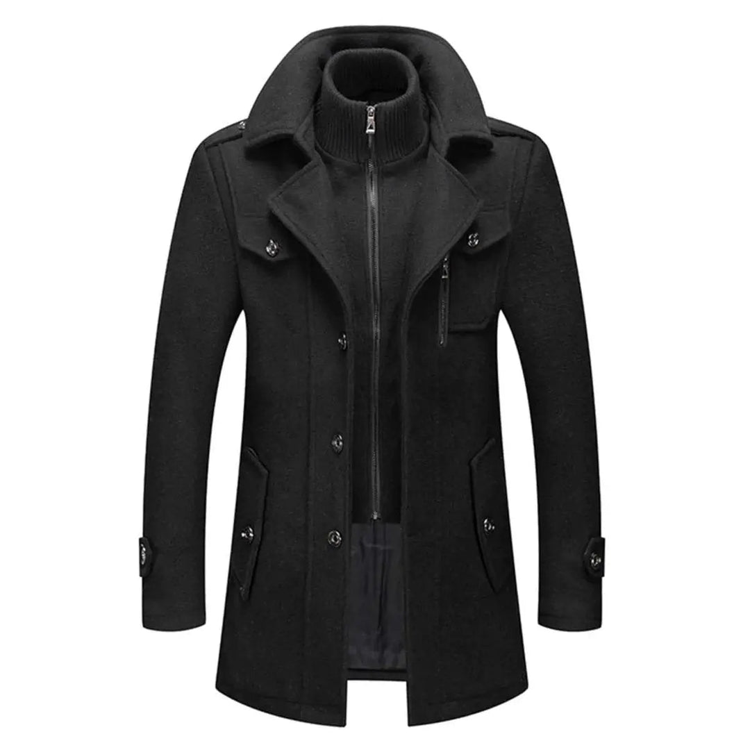 Men's double-layer winter coat with a stylish knit collar. Warm, tailored outerwear for cold weather fashion.