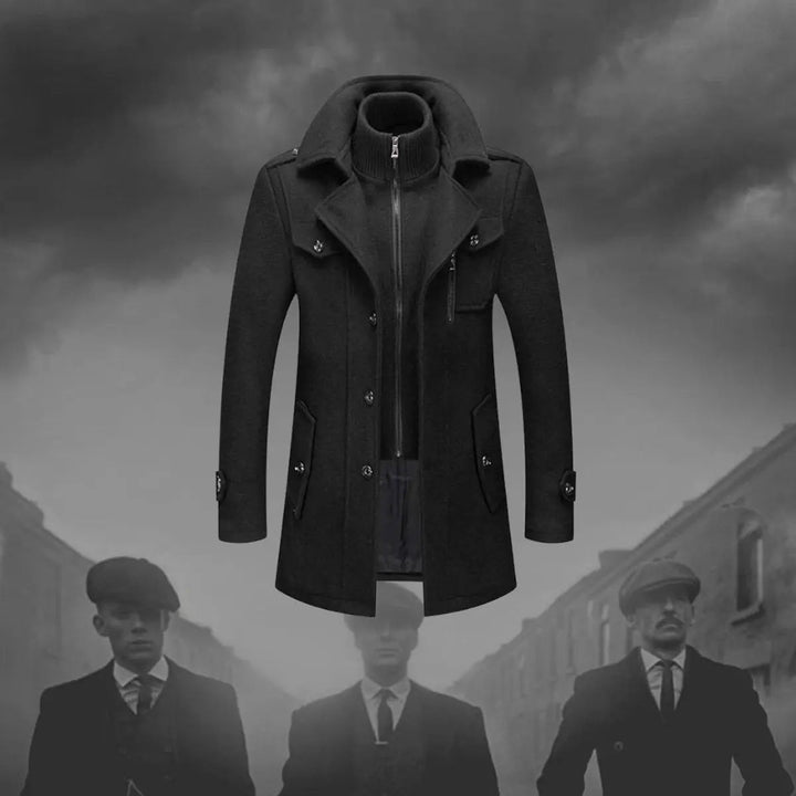 Stylish men's double-layer winter coat. Perfect tailored outerwear for smart casual and business attire.