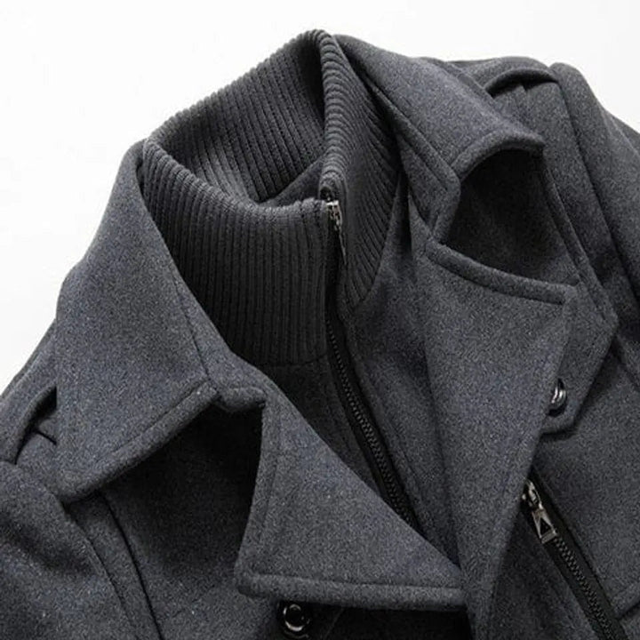 Warm men's winter coat featuring a unique double-layer design and a comfortable knit collar. Cold weather essential.