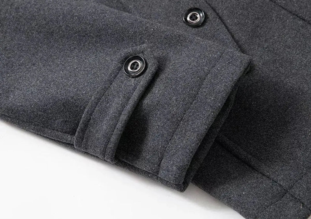Tailored men's long coat, double-layer for warmth, with a fashionable knit collar. Ideal men's winter outerwear.