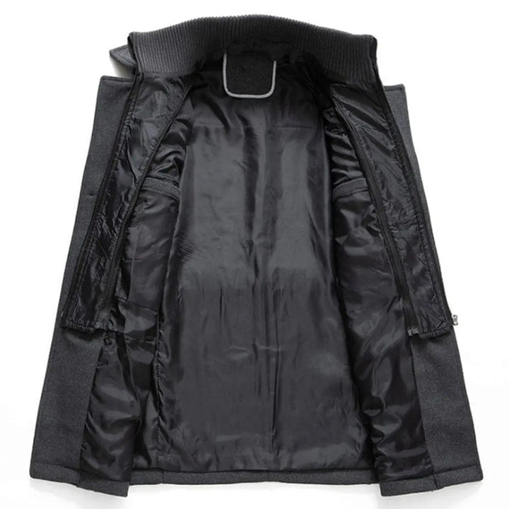 Fashionable men's double-layer winter coat. Tailored long coat with knit collar, offering warmth and style for men's fashion.