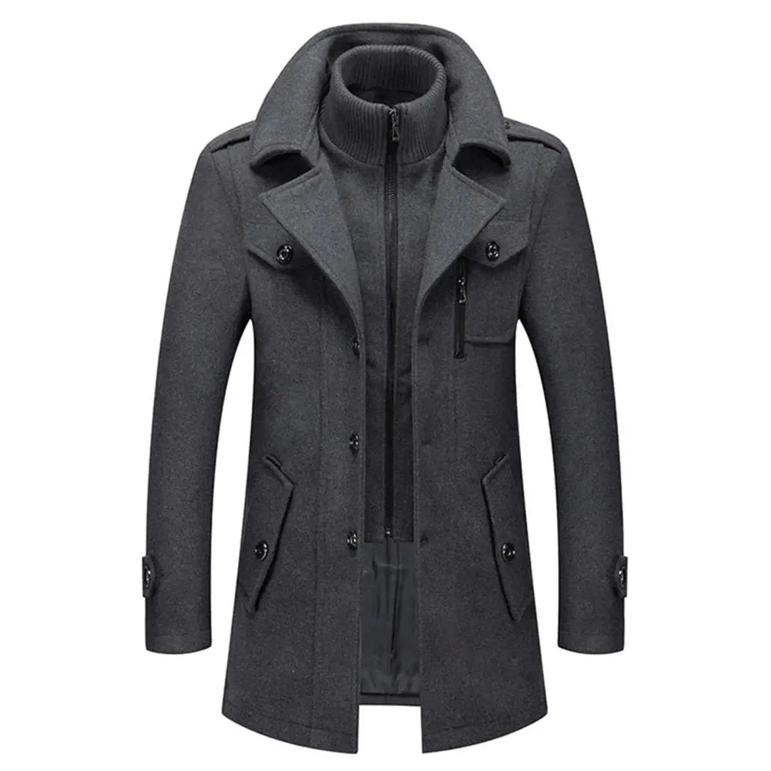 Smart men's double-layer winter coat with a tailored fit & knit collar. Business attire & cold weather outerwear.