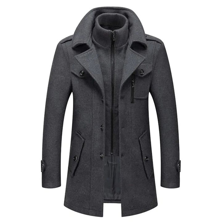 Smart men's double-layer winter coat with a tailored fit & knit collar. Business attire & cold weather outerwear.