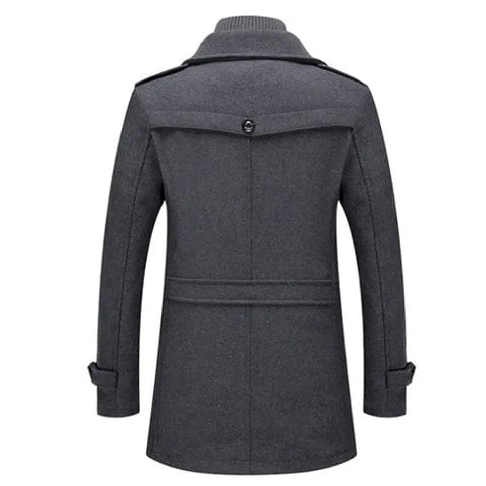 Durable men's double-layer winter coat. Designed with a warm knit collar, perfect as long outerwear for cold weather.