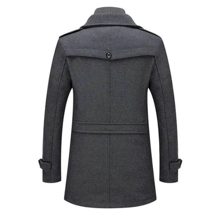 Durable men's double-layer winter coat. Designed with a warm knit collar, perfect as long outerwear for cold weather.