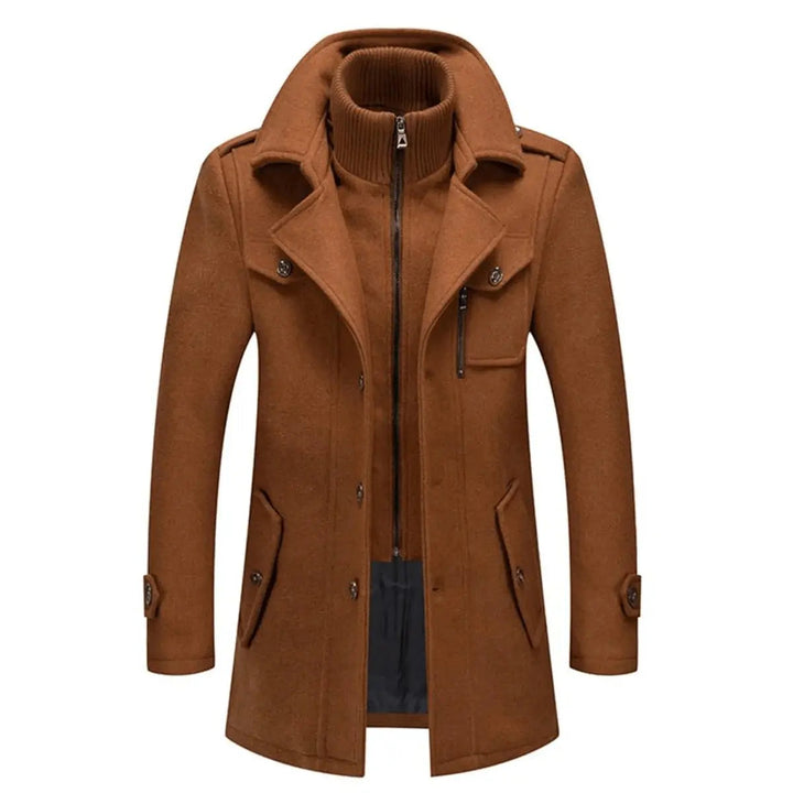 Comfortable & stylish men's double-layer winter coat with a knit collar. Modern long coat for cold weather fashion.