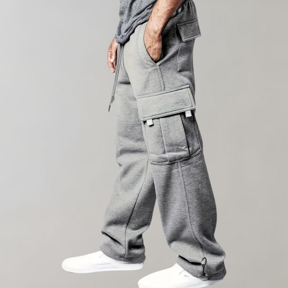 Men's drawstring cargo jogger pants in black, side view