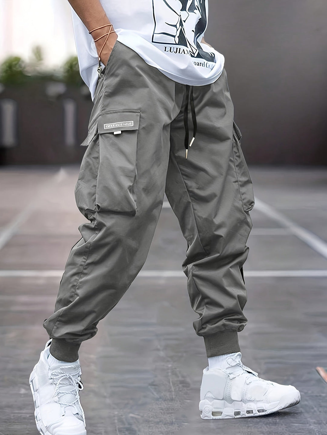 Comfortable men's cargo joggers, relaxed fit with adjustable drawstring waist, great for everyday style.