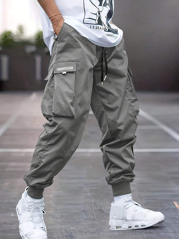 Close-up of the adjustable drawstring on these men's casual cargo trousers.