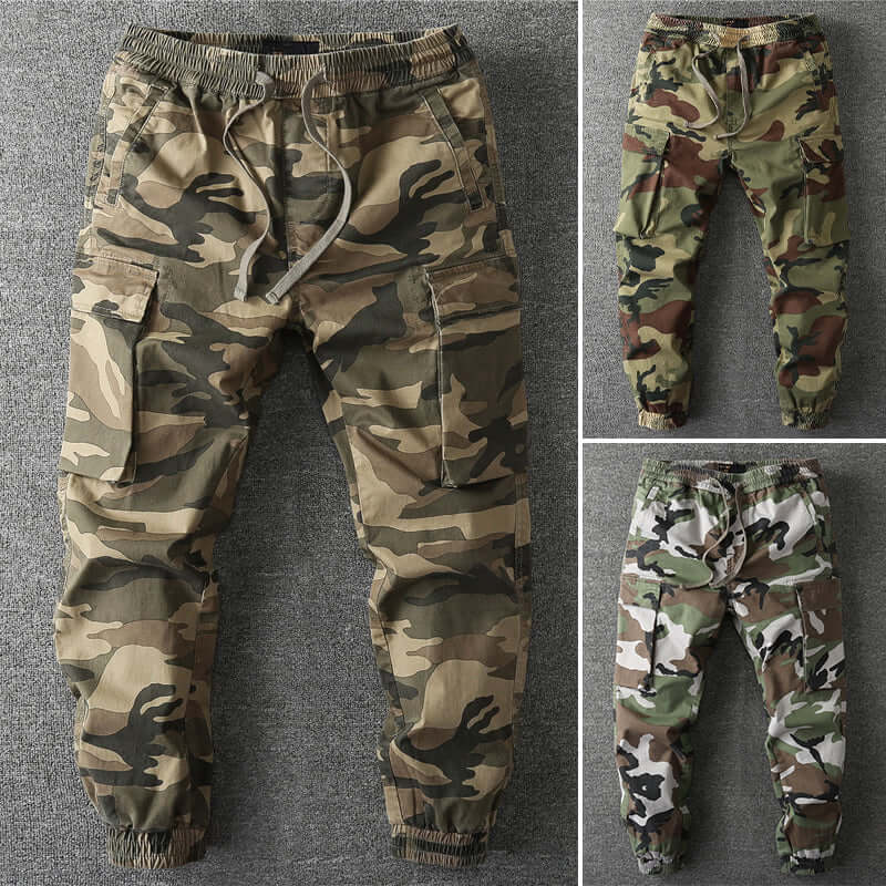 Rugged men's camouflage cargo pants in khaki/green, made for durable outdoor adventure.