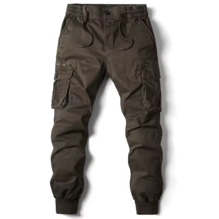 Close-up of men's tactical cargo pants, showing deep multi-pockets, reinforced design & durable fabric.