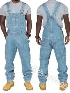 Rugged blue denim overalls for men, featuring adjustable straps and ample pocket space.