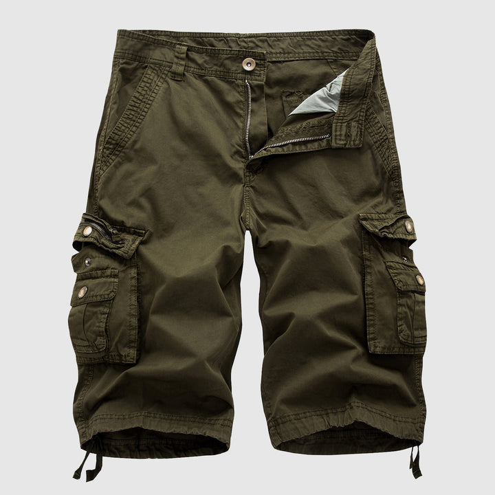 Explorer men's durable cargo shorts, knee-length, versatile for summer outdoor casual wear.