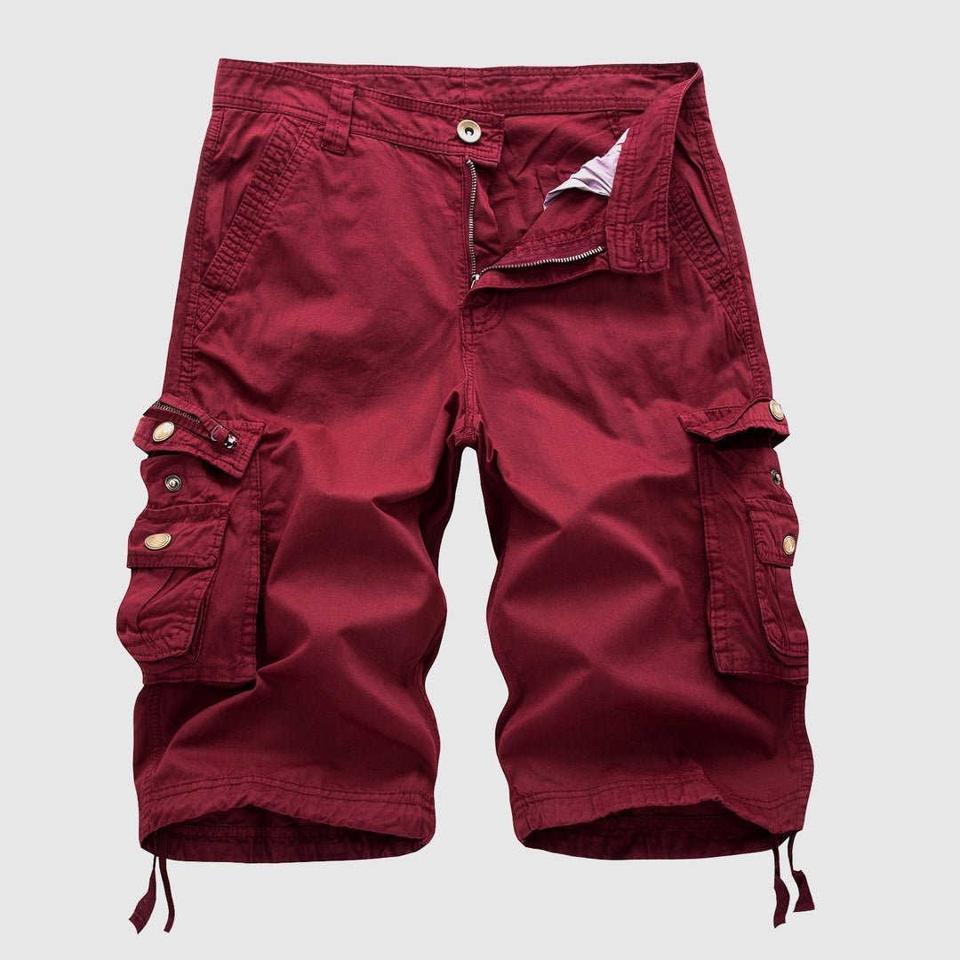 Men's knee-length multi-pocket cargo shorts, durable explorer design, great for summer adventures.