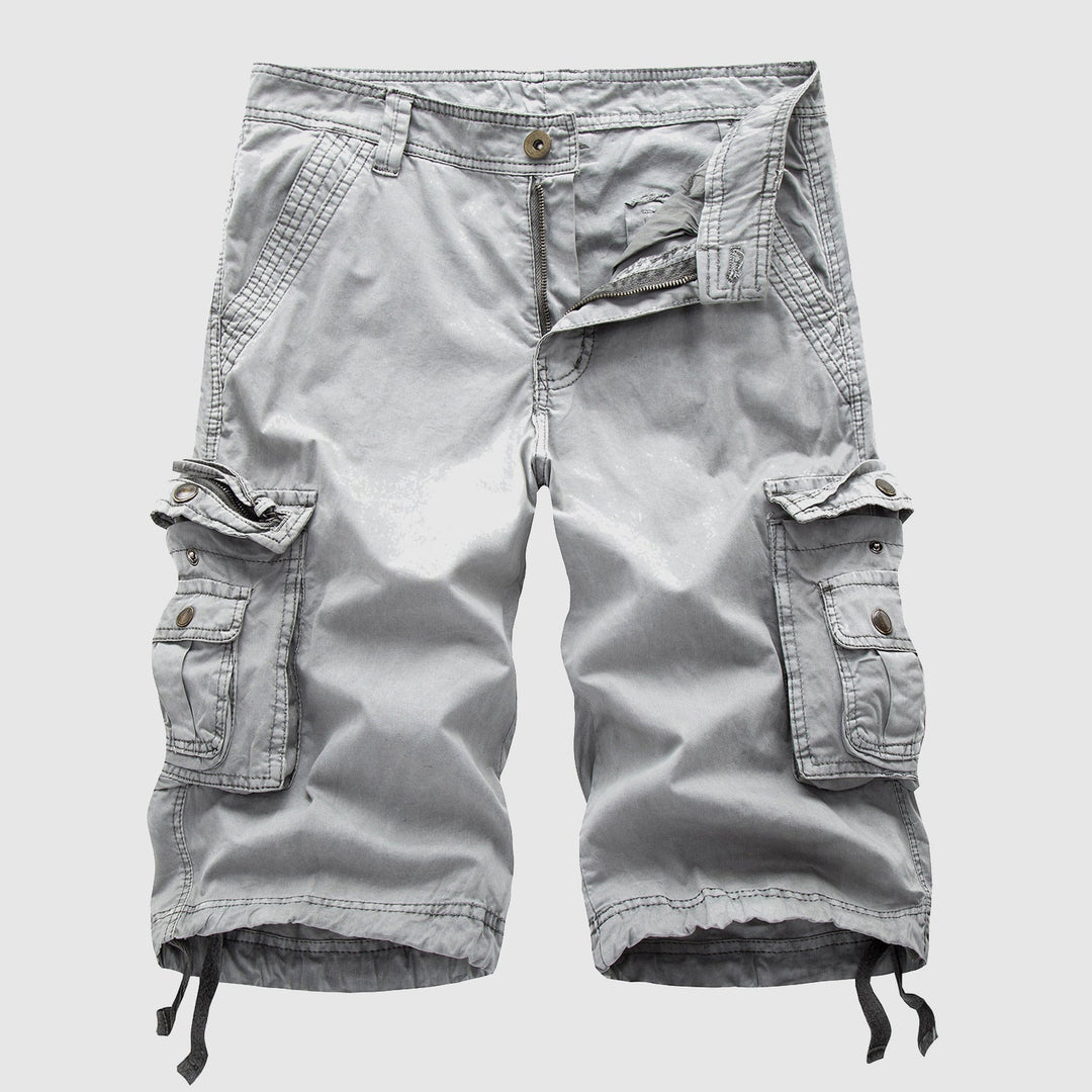 Explorer men's cargo shorts, knee-length, durable construction, multi-pocket for outdoor adventures.