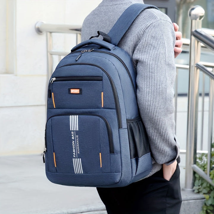 Front view of men's durable full-grain leather backpack, ideal for daily commute and travel.