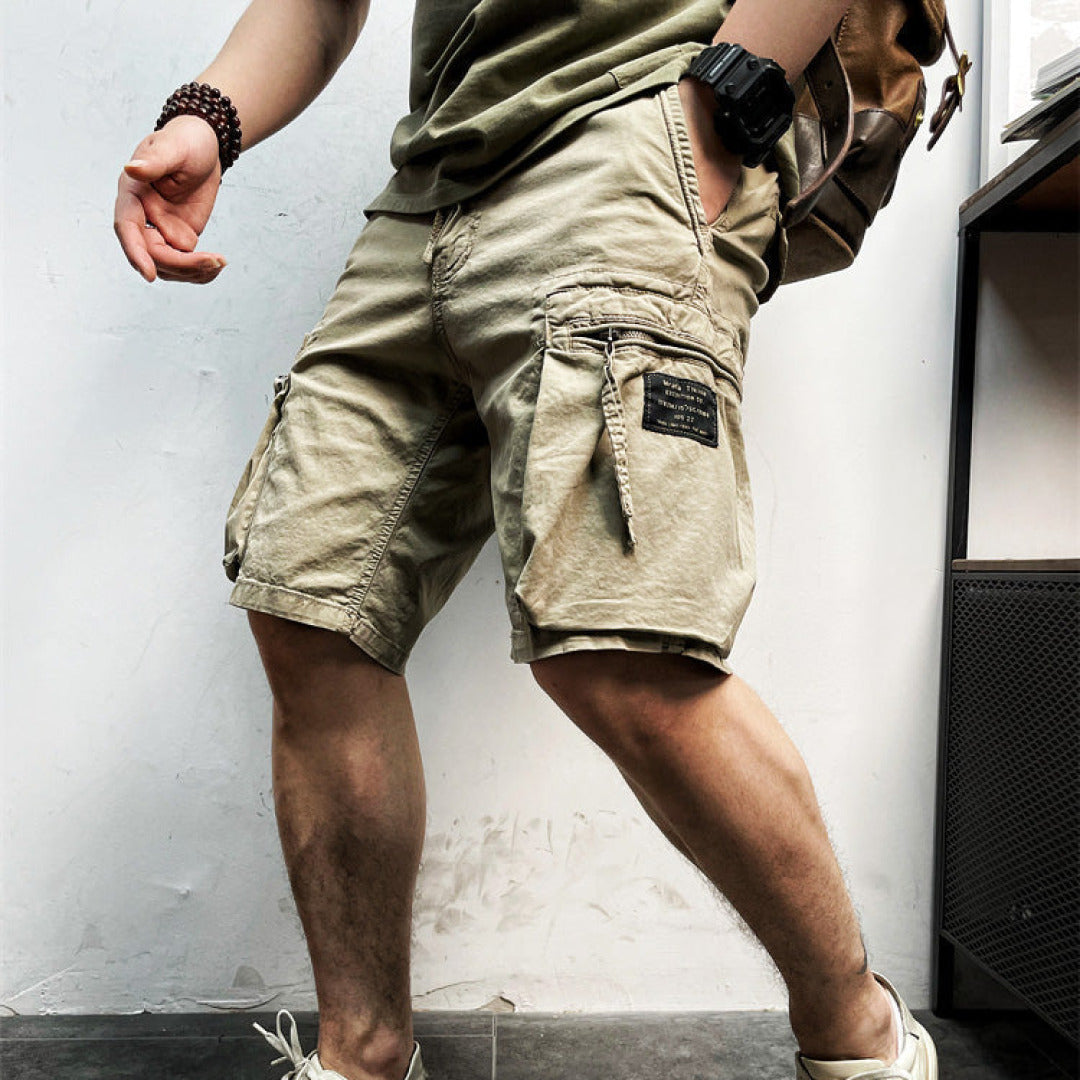 Men's durable khaki cargo shorts, perfect for outdoor adventures & everyday casual summer style.