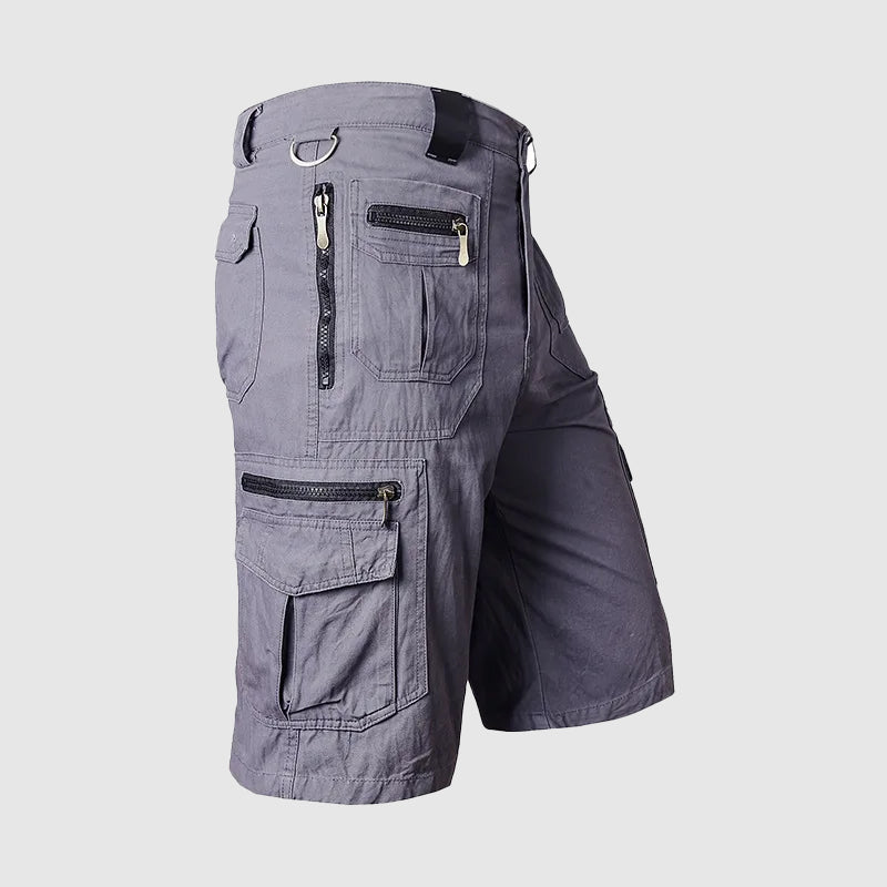 Close-up of men's durable cargo shorts, highlighting multiple utility pockets, ideal for everyday carry.