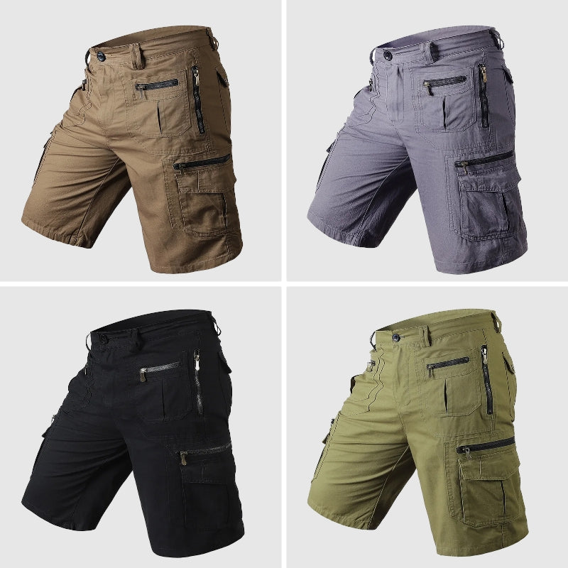 Durable fabric of men's knee-length cargo shorts, showcasing multi-pocket details & rugged construction.