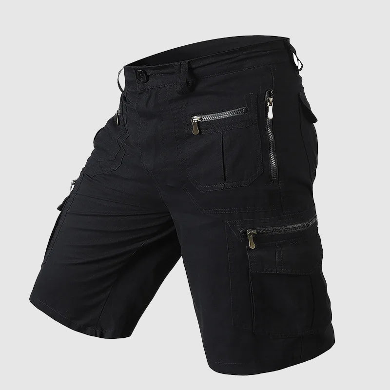 Comfortable men's utility cargo shorts, knee-length, multi-pocket design for summer & outdoor activities.