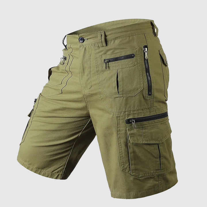Durable men's cargo shorts, knee-length, multi-pocket, ideal for outdoor adventure & rugged casual wear.