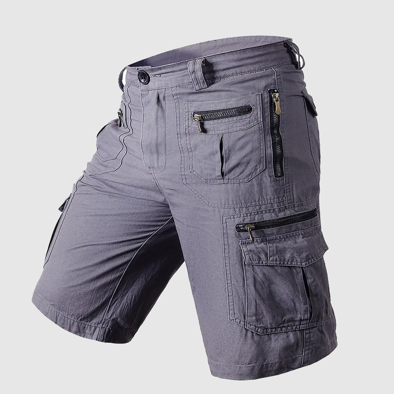 Stylish men's summer cargo shorts, knee-length, multi-pocket, comfortable for casual wear & travel.