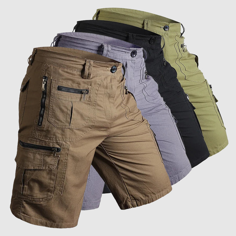 Men's knee-length cargo shorts, multi-pocket design, durable fabric, great for utility & casual comfort.
