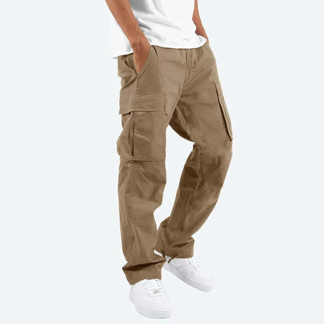 Hardwearing men's multi-pocket pants, designed as comfortable utility trousers for versatile outdoor & casual styles.