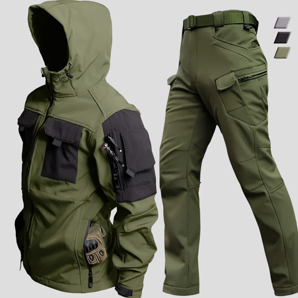 Men's durable softshell outdoor set for hiking & trekking. Weather-resistant adventure gear for active men.