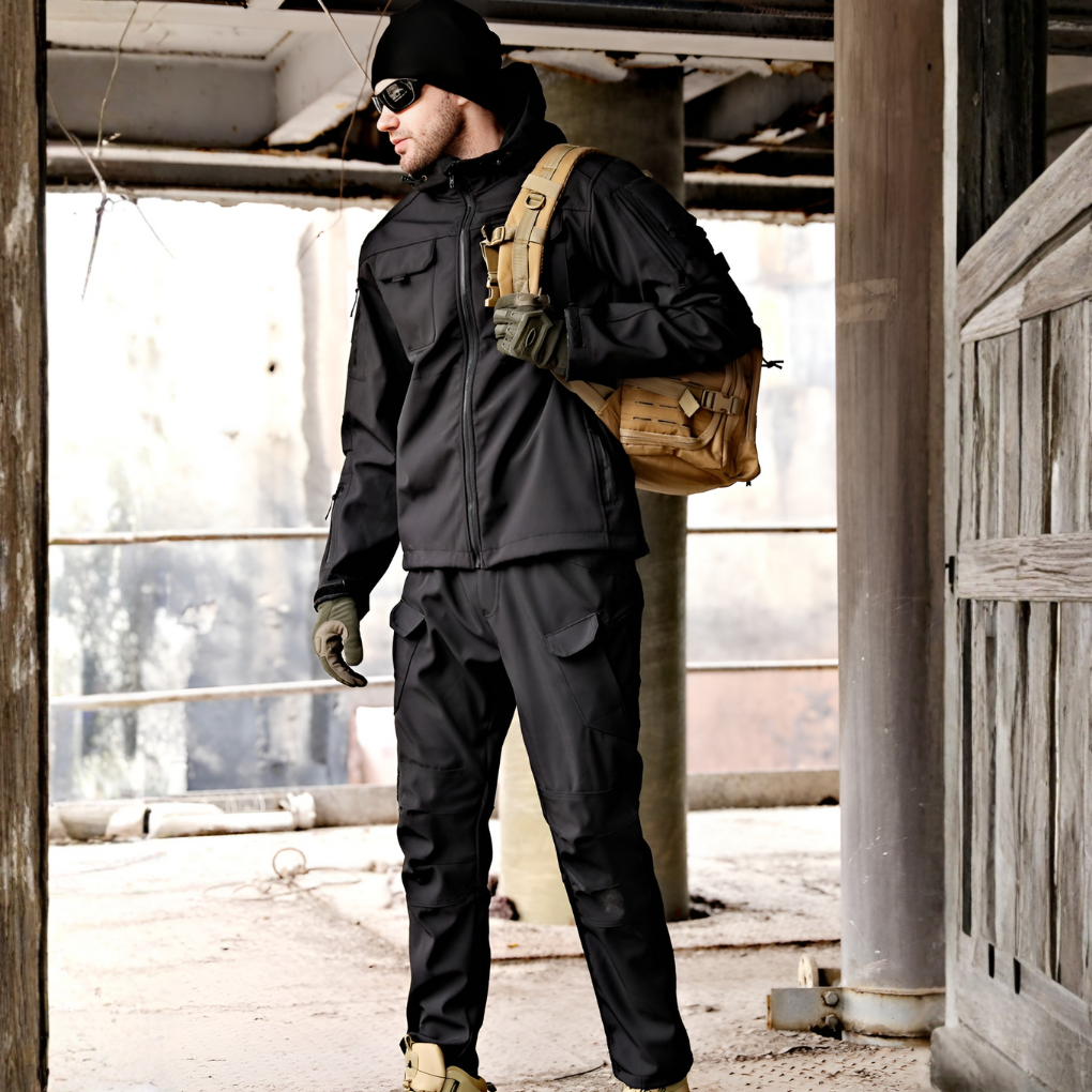 Versatile men's softshell set. Durable, functional outdoor activewear ideal for camping & travel adventures.