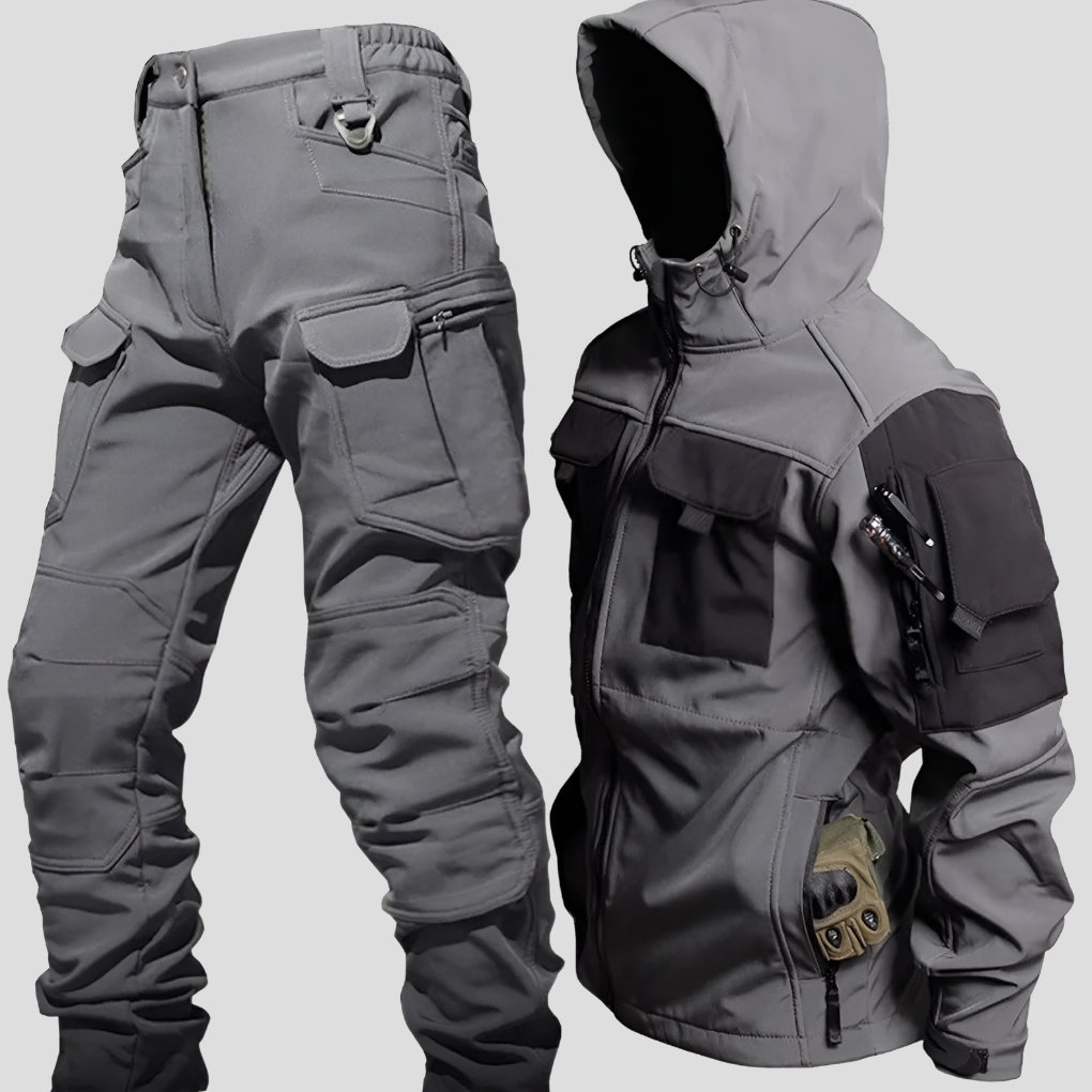 Men's weather-resistant softshell jacket & pants set for challenging outdoor conditions & adventure.