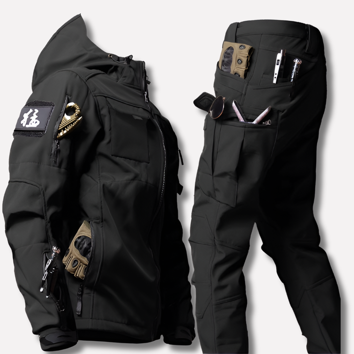 Functional men's softshell gear: a durable, versatile set for hiking, camping, and all outdoor adventures.