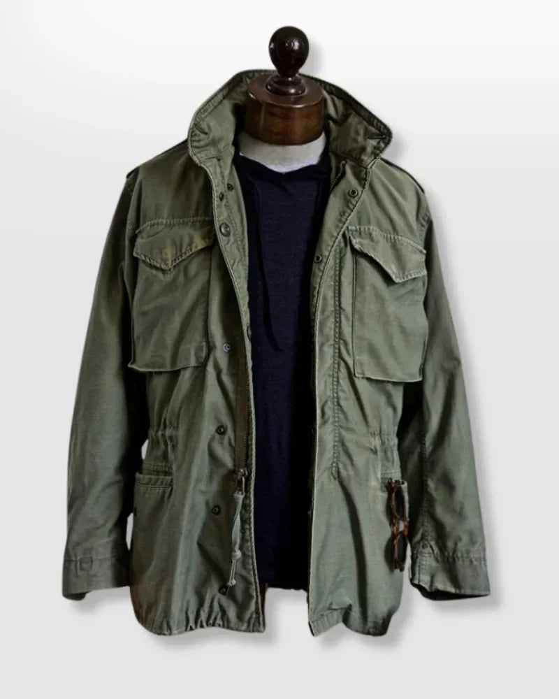 Green men's utility field jacket, multi-pocket design, durable long sleeve outerwear for adventure & casual.