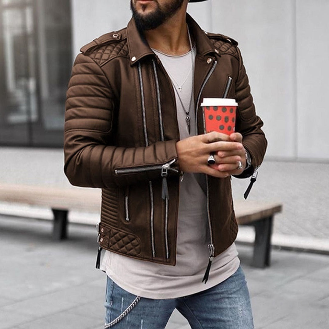 Close-up of the quilted detail on the Men's Dylan moto jacket, a stylish zip-up outerwear.