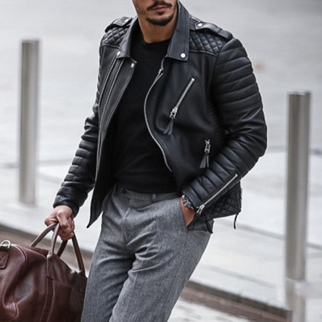 Model wearing the Men's Dylan quilted moto jacket, showcasing its fashionable zip-up design.