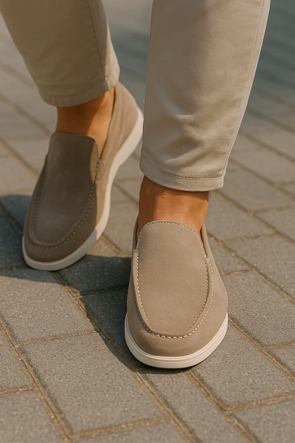 Beige men's comfortable slip-on loafers, casual footwear with a stitched detail, perfect for everyday style.