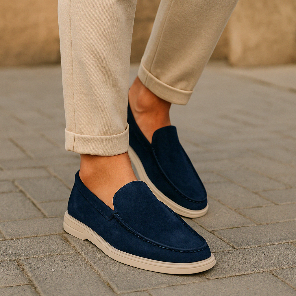Dark blue men's casual slip-on loafers, versatile everyday shoes providing all-day comfort & a stylish round toe.