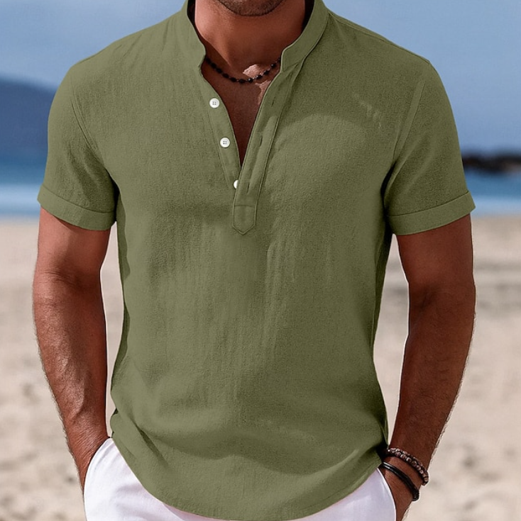 Relaxed fit men's short sleeve button-up shirt, modern style for effortless summer fashion.