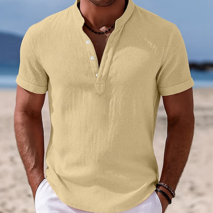 Stylish men's button-up short sleeve summer shirt, ideal for warm weather comfort & daily wear.