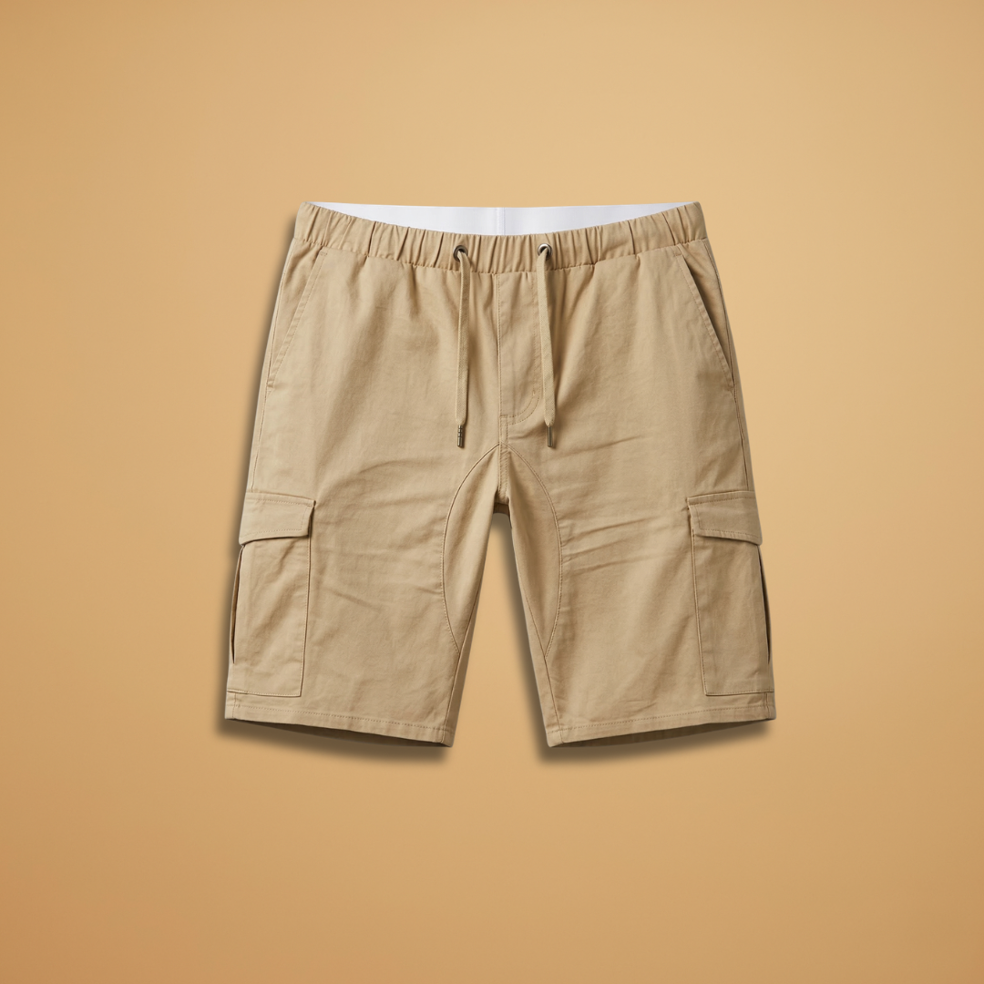 Men's elastic waist cargo shorts with multiple pockets in beige