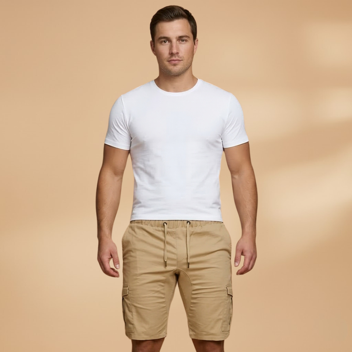 Close-up of the multiple pockets on men's cargo shorts