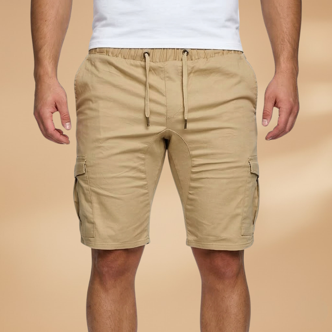 Model wearing comfortable men's elastic waist cargo shorts outdoors