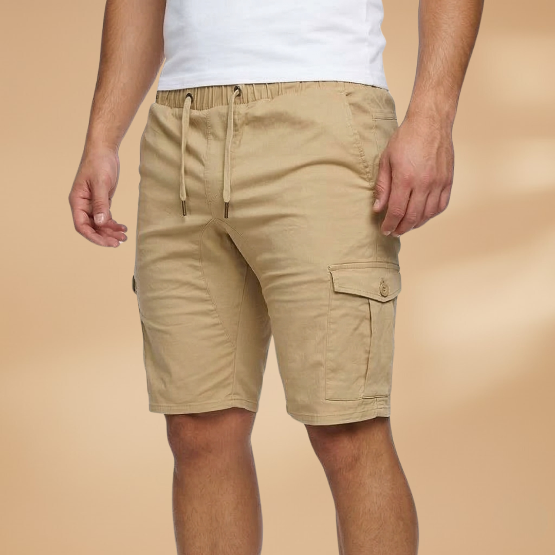 Side view of men's elastic waist shorts showing pocket detail