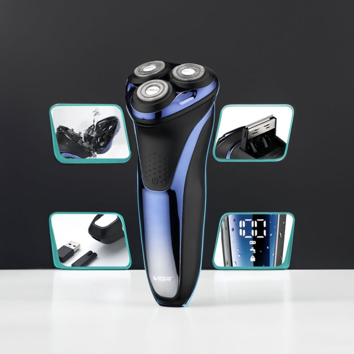Fast charging men's electric shaver. Waterproof 3D flexible rotary heads for quick, precise wet/dry grooming.